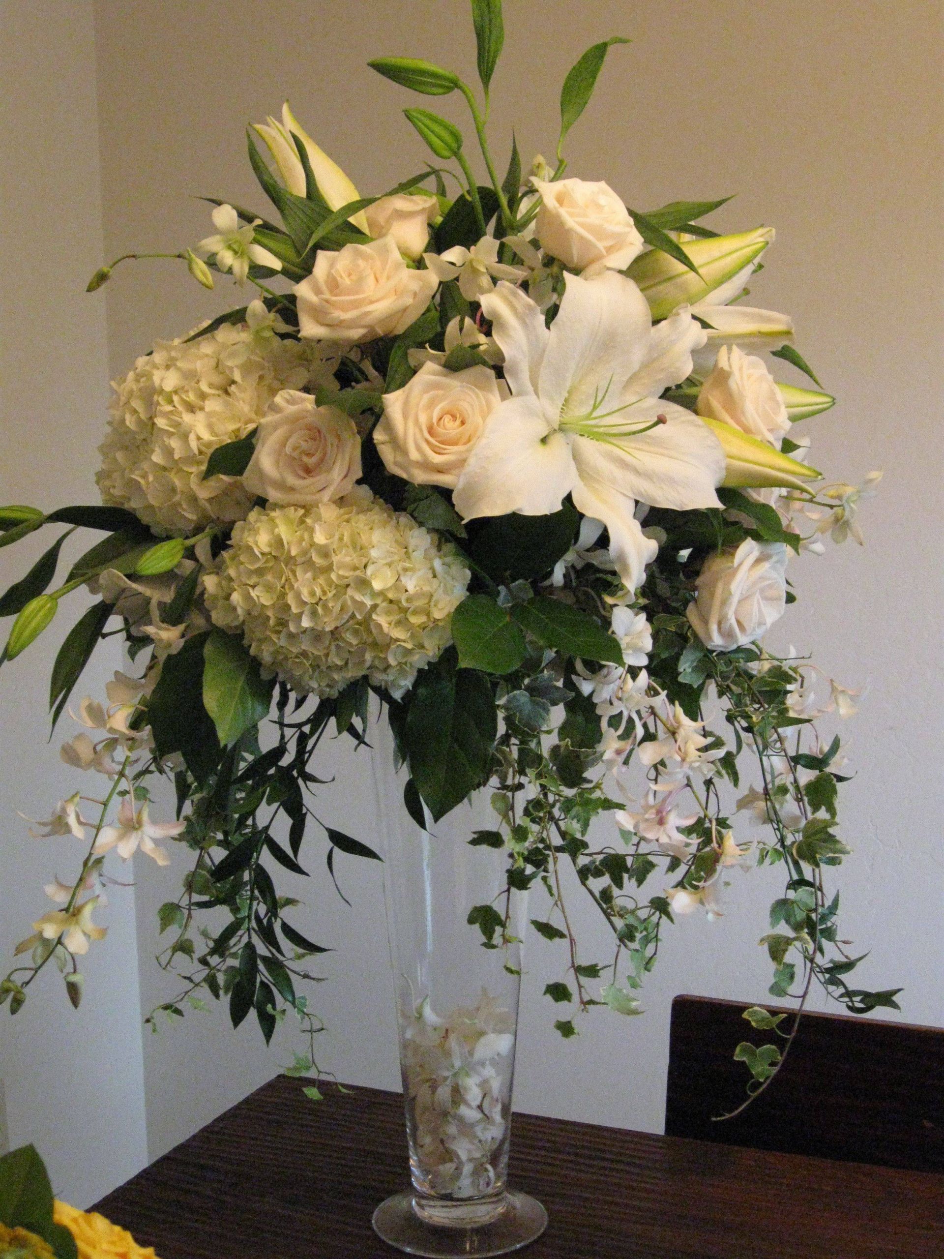 24 inch trumpet vases wholesale of centerpiece white roses hydrangea orchids tall vendela the inside centerpiece white roses hydrangea orchids tall vendela the blue orchid dendrobium ivy cas